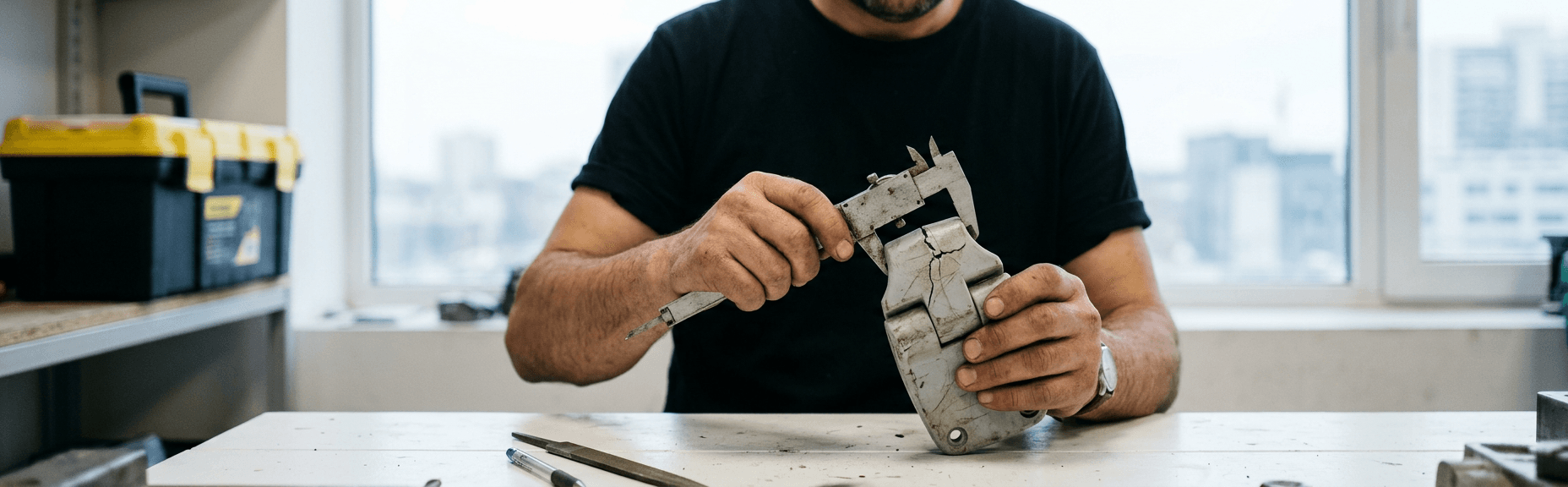 Image générée : un artisan en t-shirt noir mesure au pied à coulisse une pièce plastique fissurée posée sur un établi blanc.