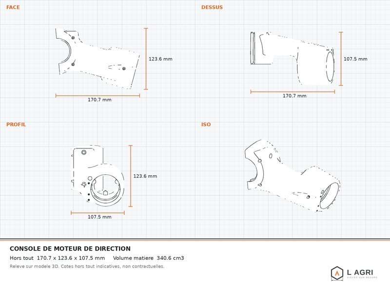 Console de moteur de direction, plan coté relevé par rétro ingénierie