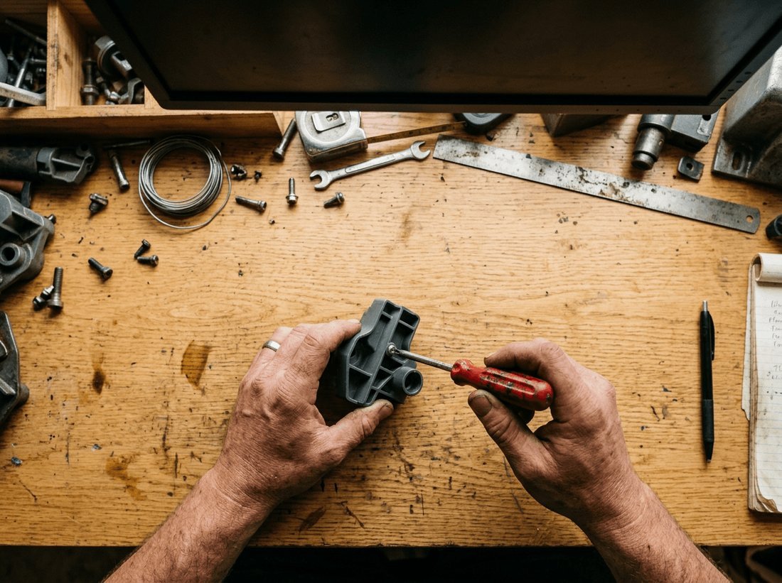 Vue plongeante sur un établi en bois : deux mains démontent au tournevis une pièce plastique grise, entouré d'outils.