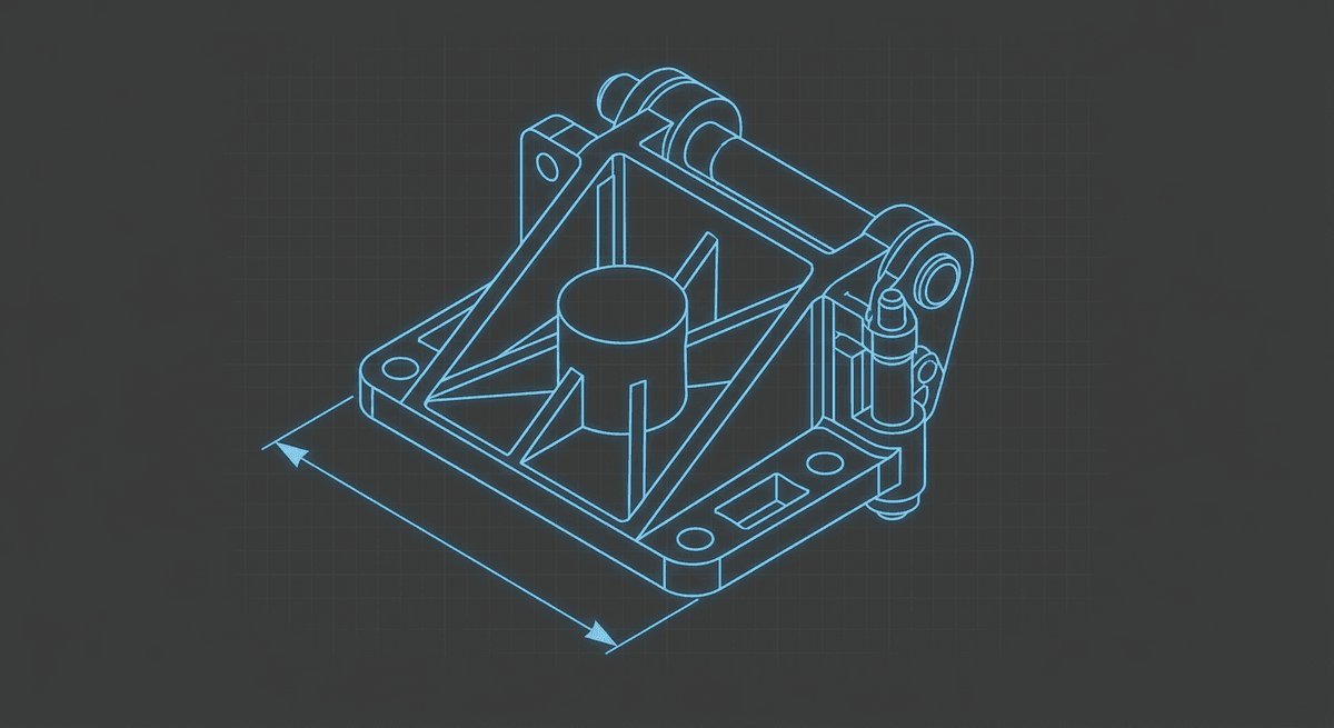 Vue isométrique filaire d'un support mécanique avec une cote de longueur, tracée sur fond quadrillé.